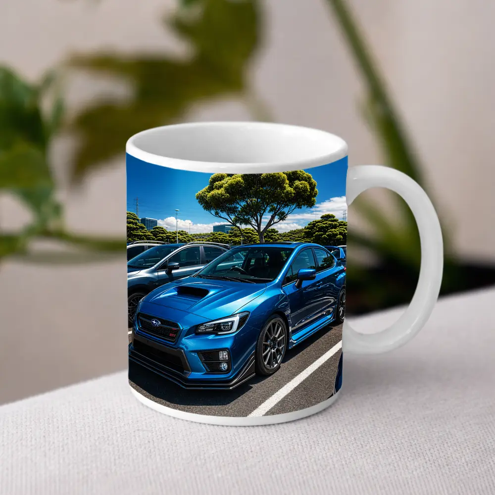 Subaru WRX STI Blue Parking Lot Scene – Mugs