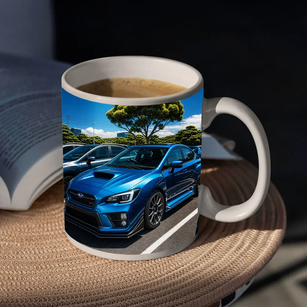 Subaru WRX STI Blue Parking Lot Scene – Mugs