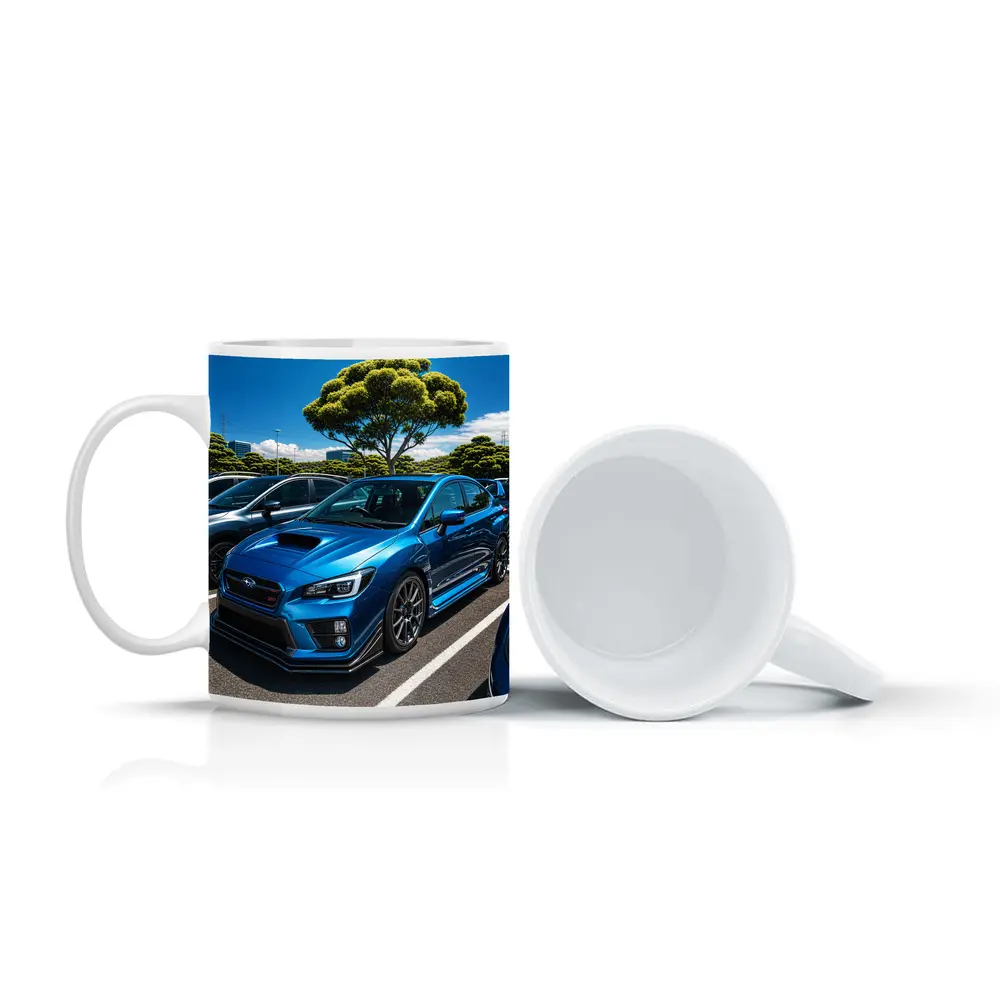 Subaru WRX STI Blue Parking Lot Scene – Mugs