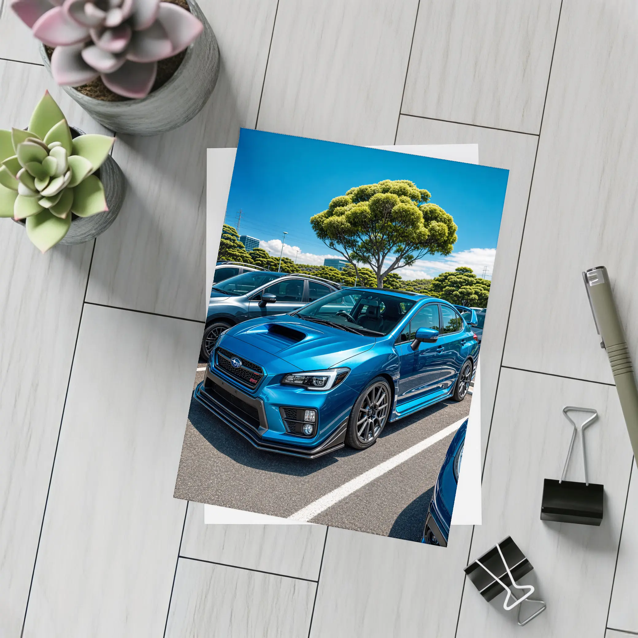 Subaru WRX STI Blue Parking Lot Scene – Postcards