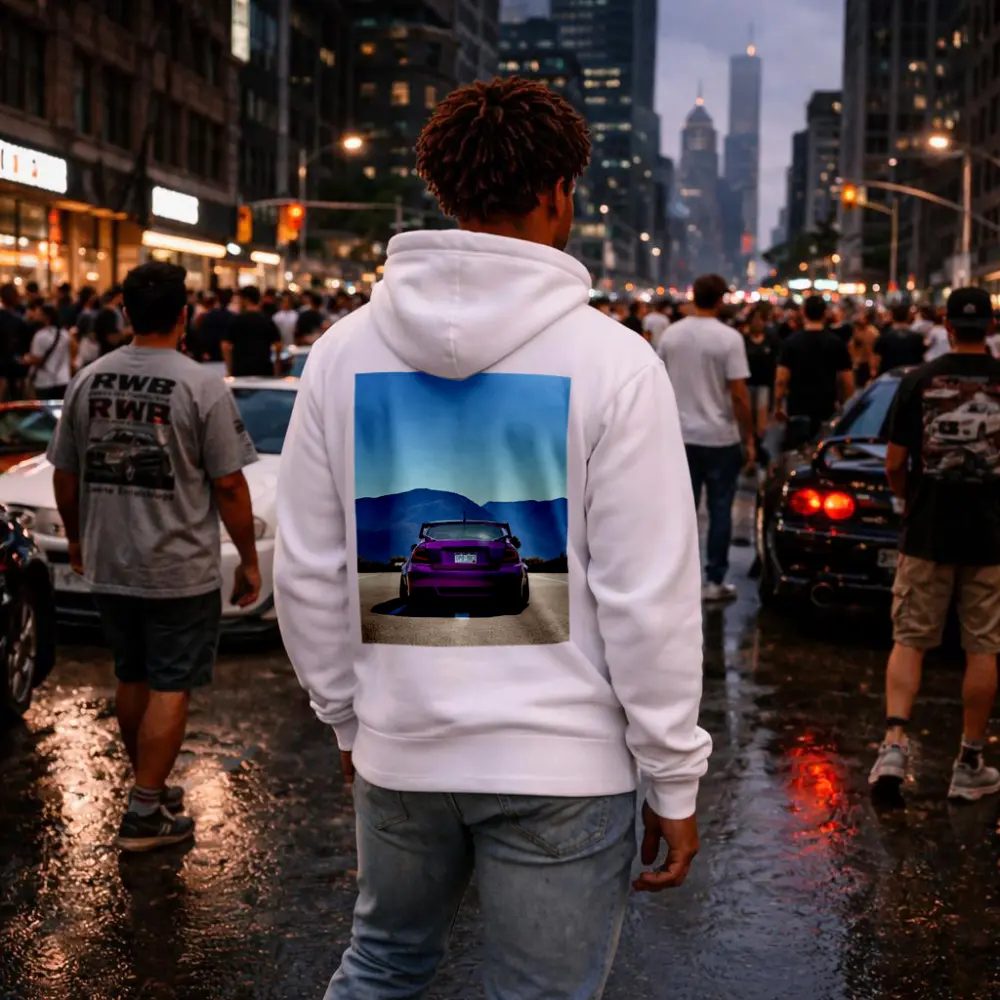 Purple Subaru WRX Rear View Mountain Road – Hoodies