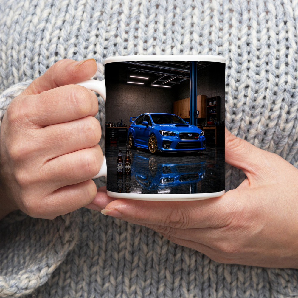 Subaru WRX STI Blue Garage Scene – Mugs