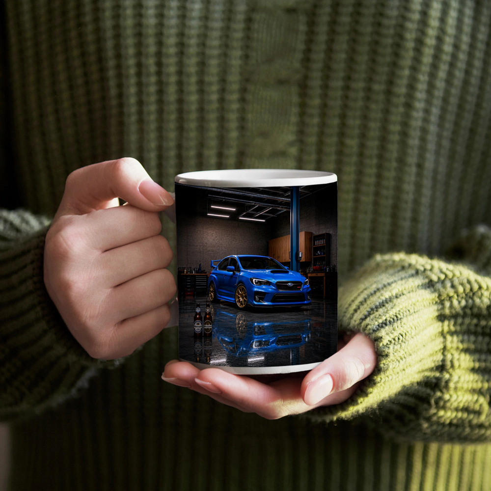 Subaru WRX STI Blue Garage Scene – Mugs
