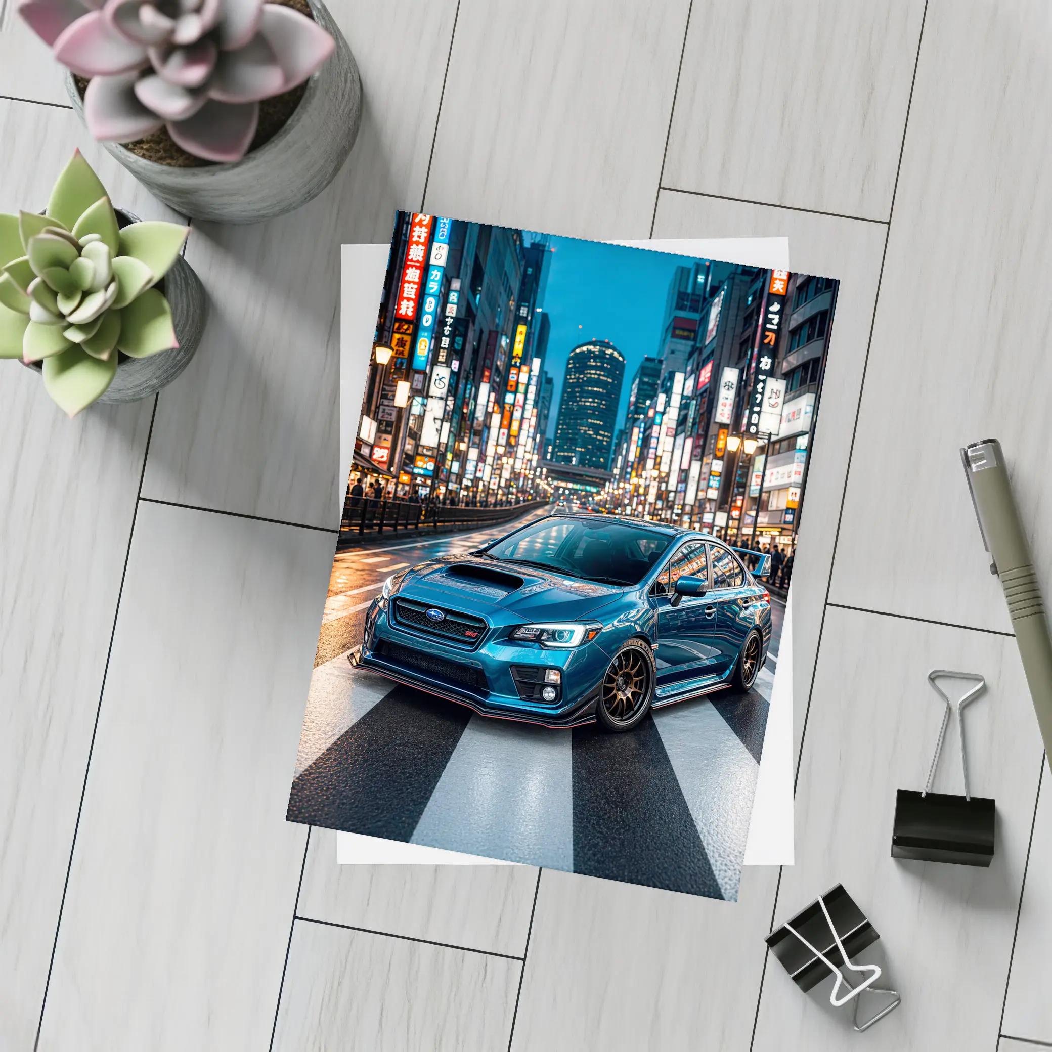 Subaru WRX STI Blue Tokyo Night Street – Postcards
