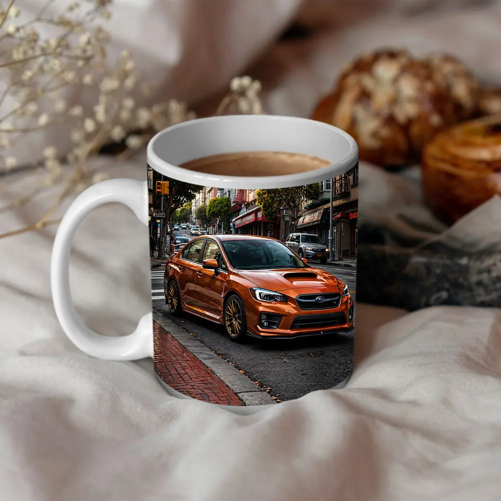 Subaru WRX STI Orange Urban Street Scene – Mugs