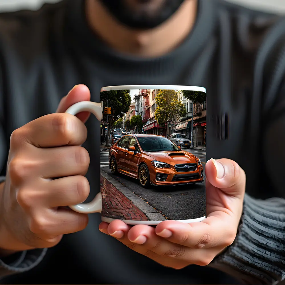 Subaru WRX STI Orange Urban Street Scene – Mugs