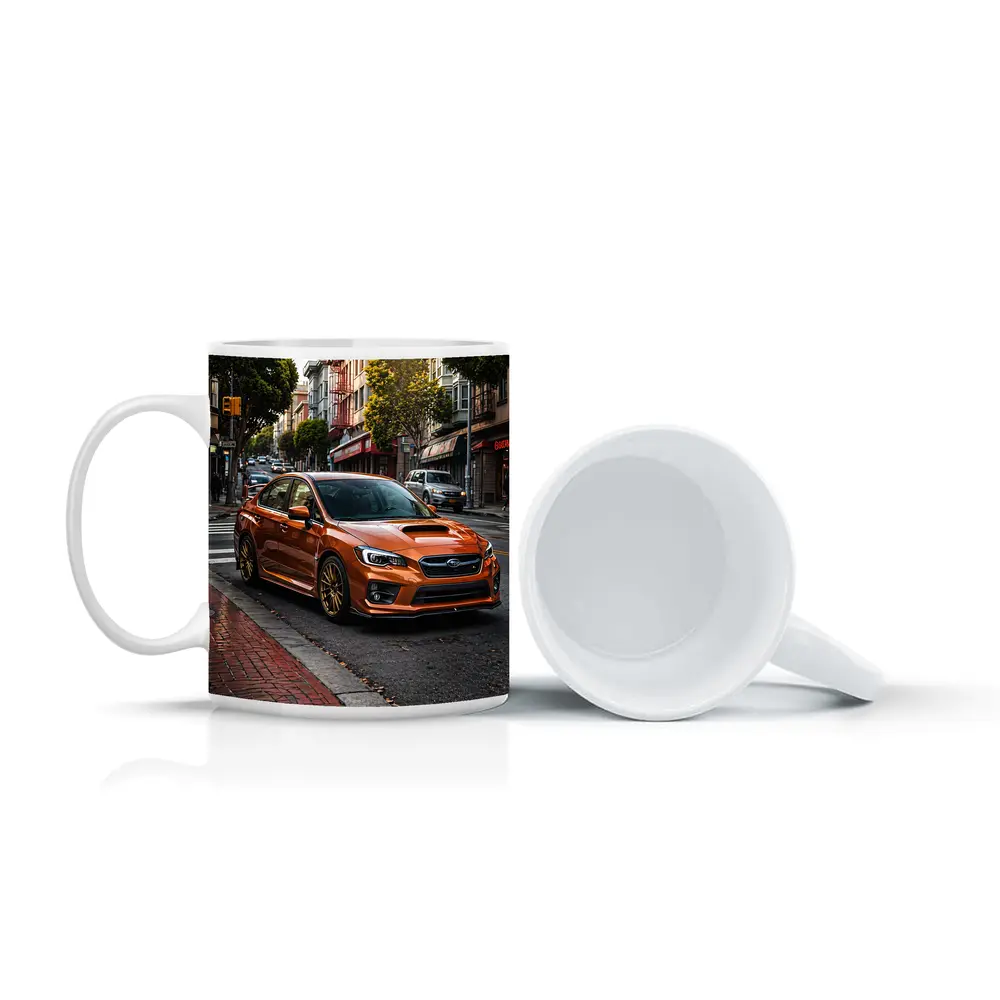 Subaru WRX STI Orange Urban Street Scene – Mugs