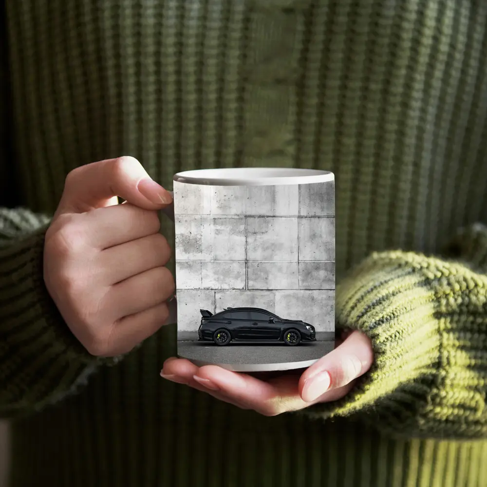 Subaru WRX STI Black Against Concrete Wall – Mugs
