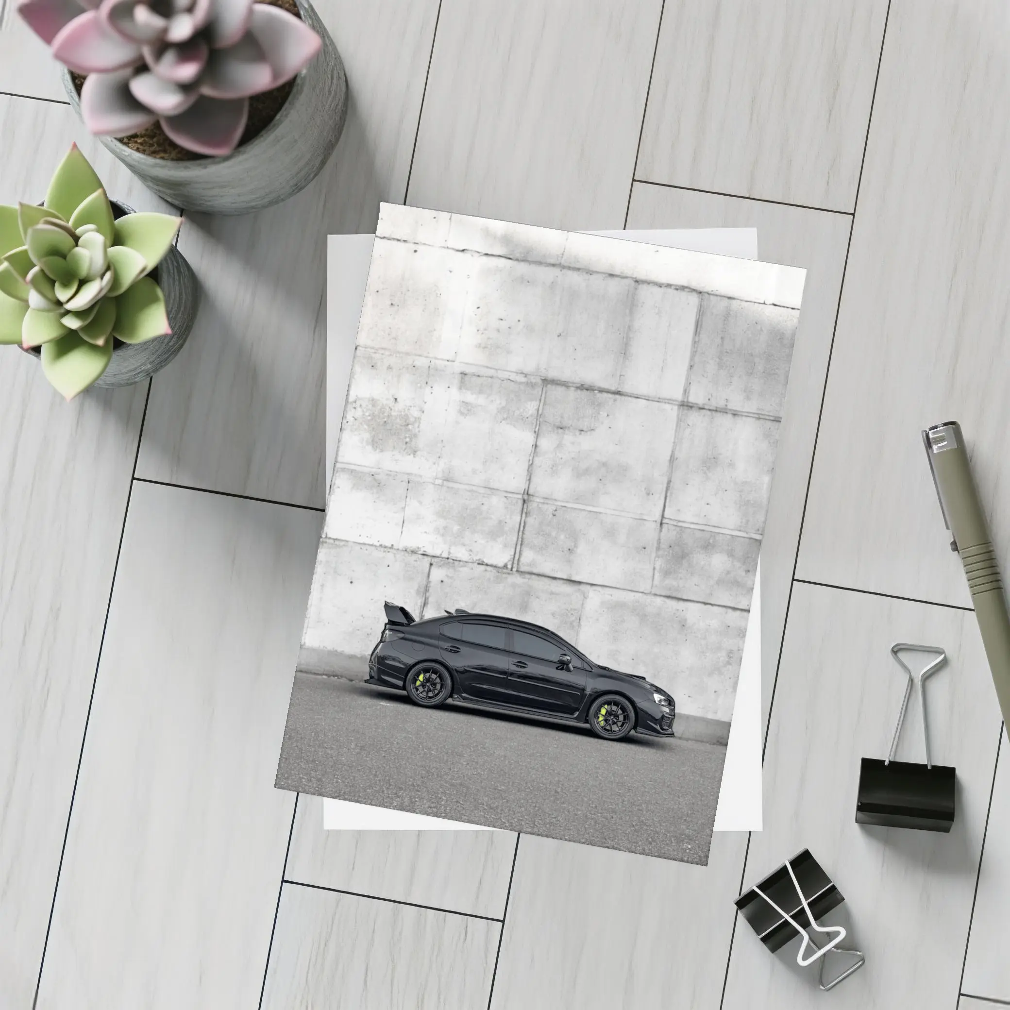 Subaru WRX STI Black Against Concrete Wall – Postcards