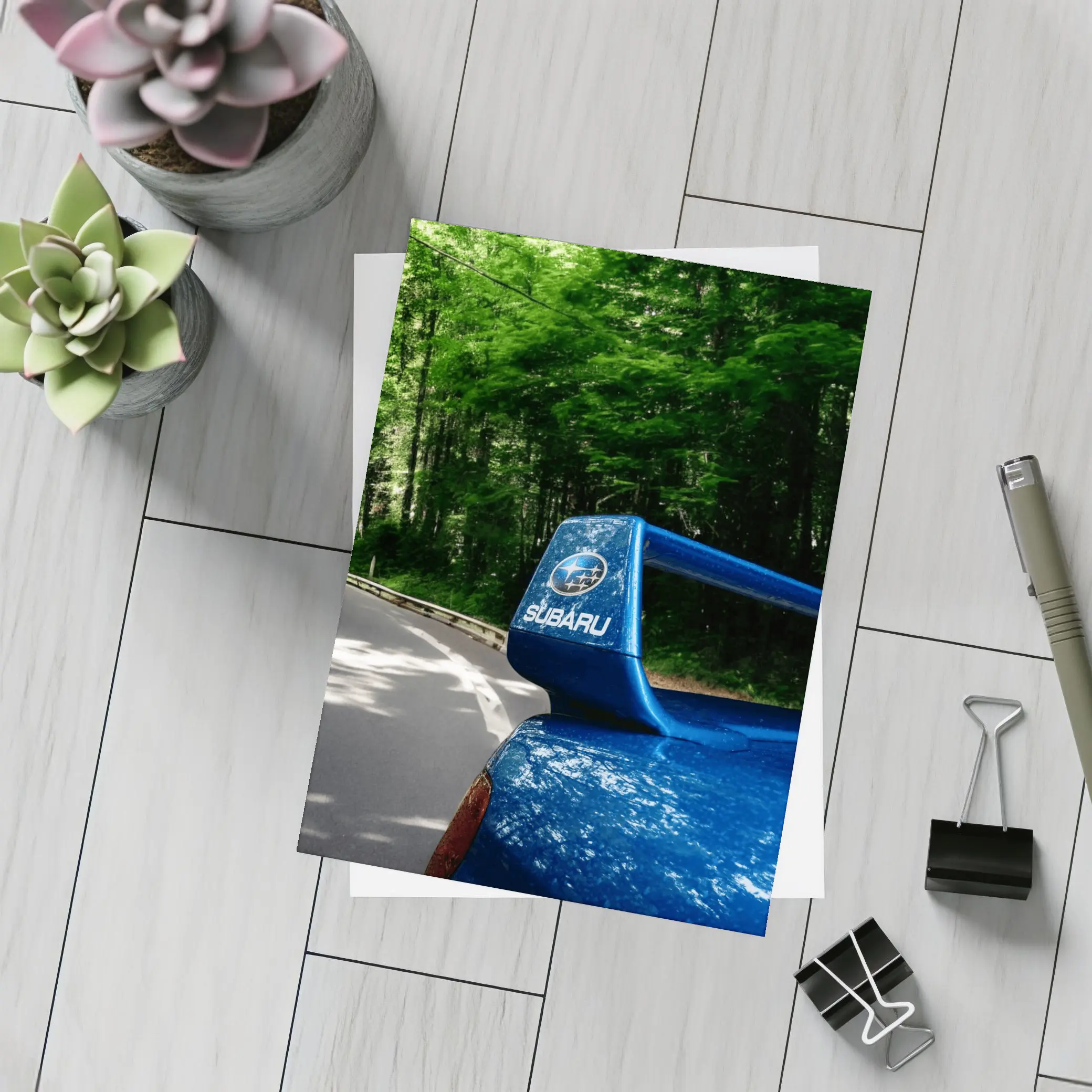 Subaru WRX Blue Spoiler Forest Road – Postcards
