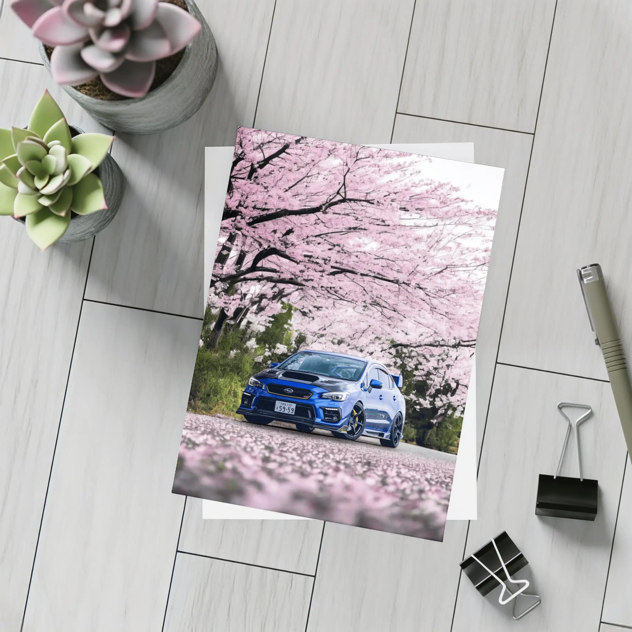Subaru WRX STI Blue Under Cherry Blossoms – Postcards