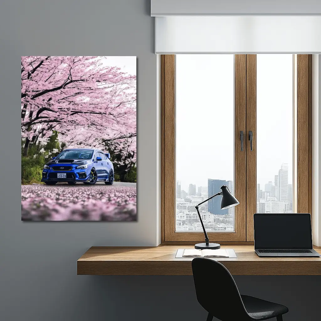 Subaru WRX STI Blue Under Cherry Blossoms – Wall Art