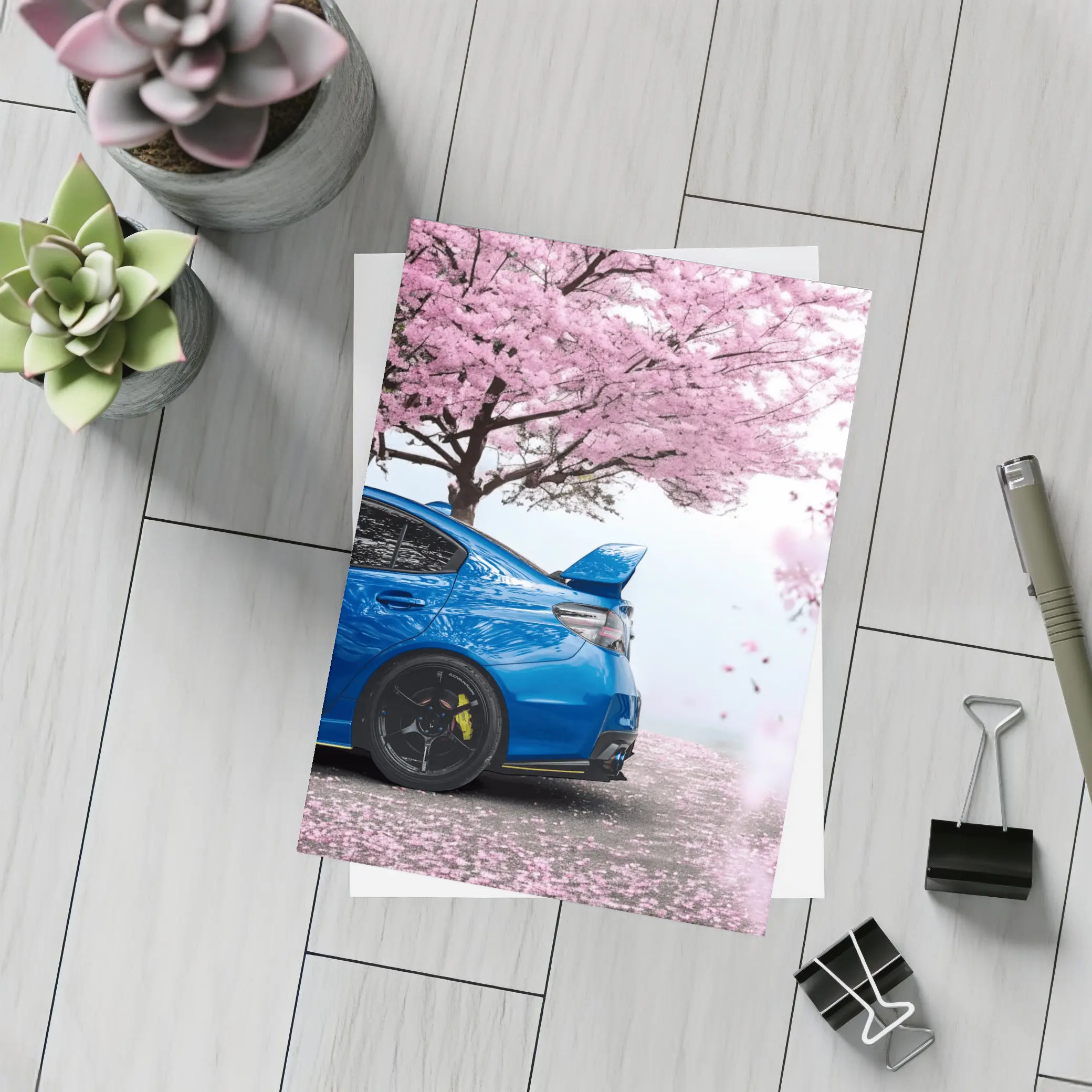 Subaru WRX STI Blue Under Cherry Blossoms – Postcards