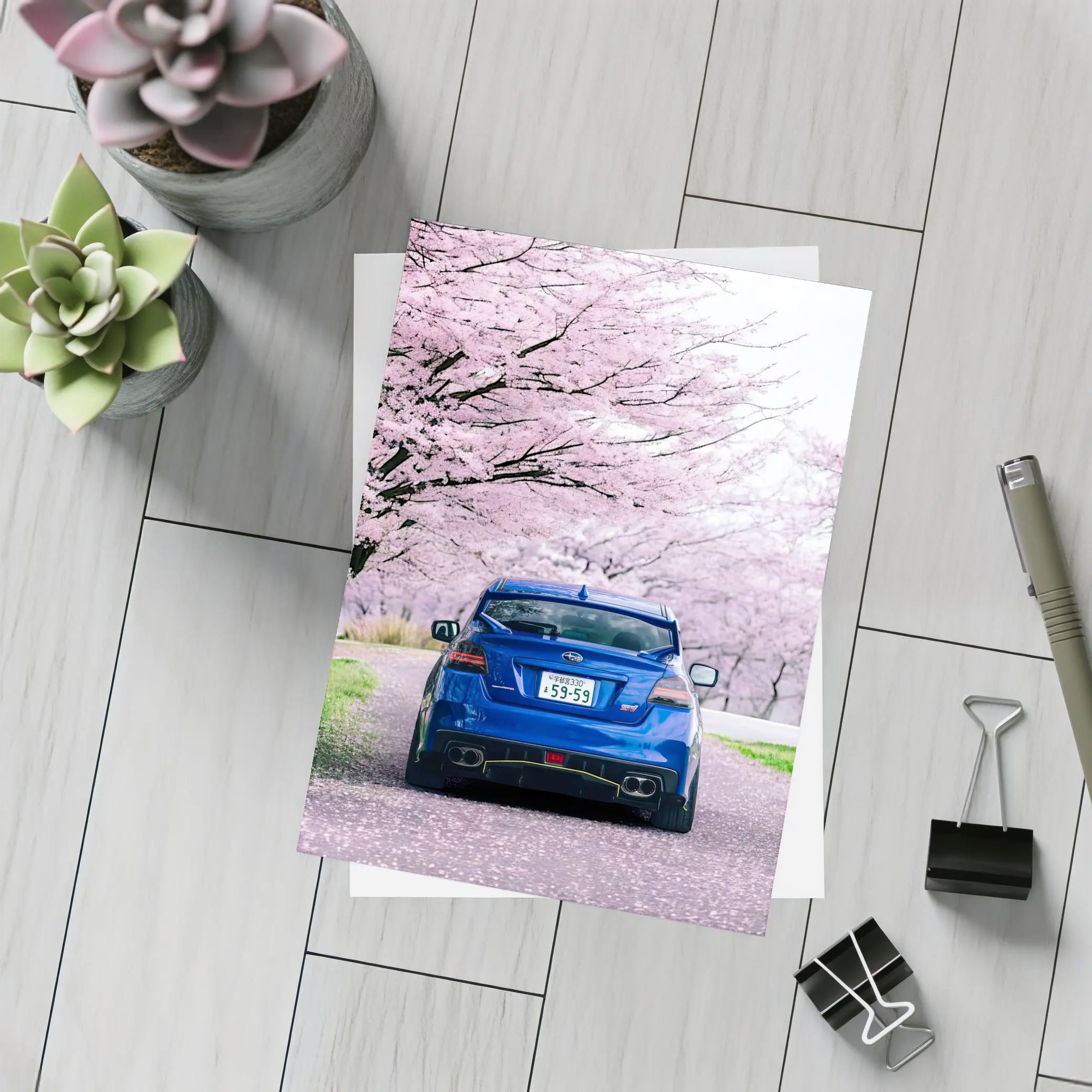 Subaru WRX Blue Under Cherry Blossoms Japan – Postcards