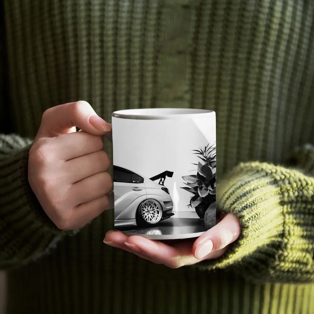 Subaru WRX STI Black White Stance Shot – Mugs