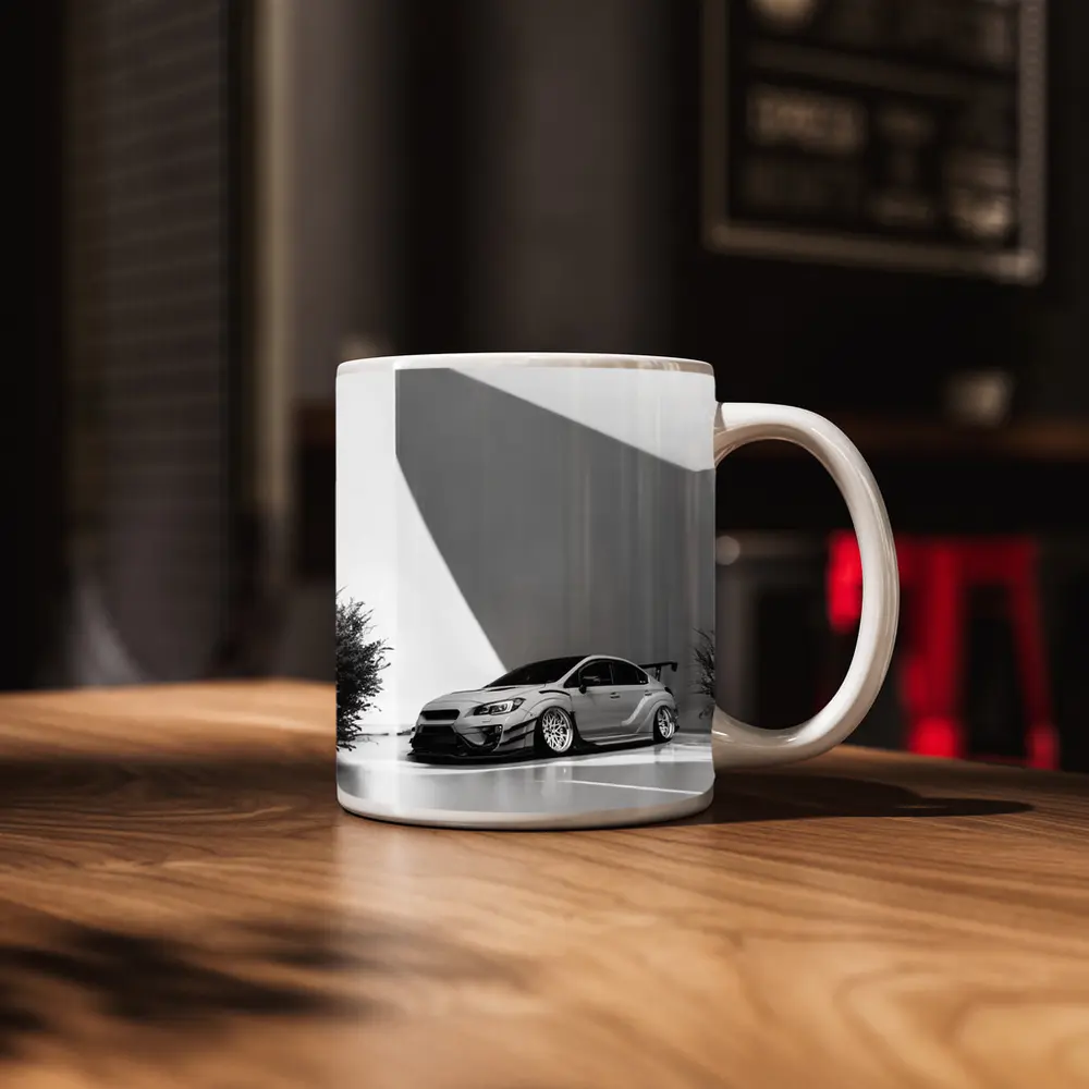 Subaru WRX STI Slammed Black White Art – Mugs