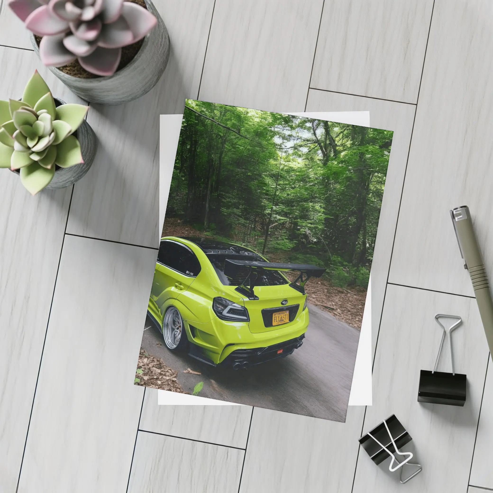 Subaru WRX STI Green Car Forest Road – Postcards