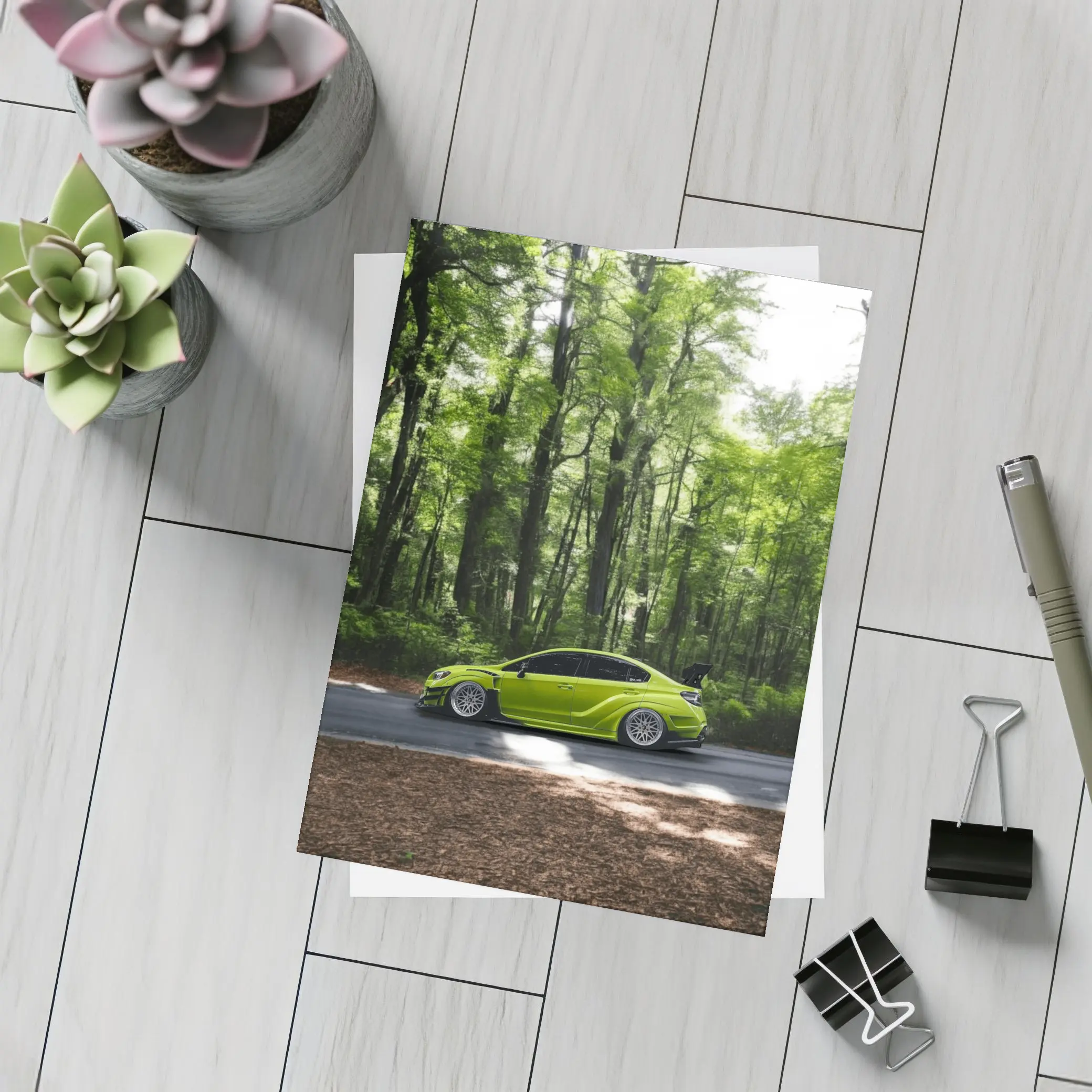 Subaru WRX Green Car Forest Road – Postcards