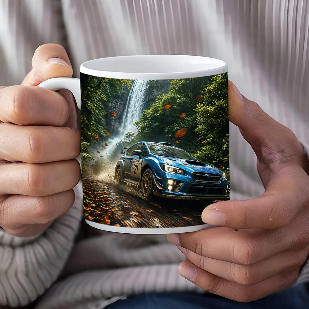 Subaru WRX Rally Racing Through Forest Waterfall – Mugs