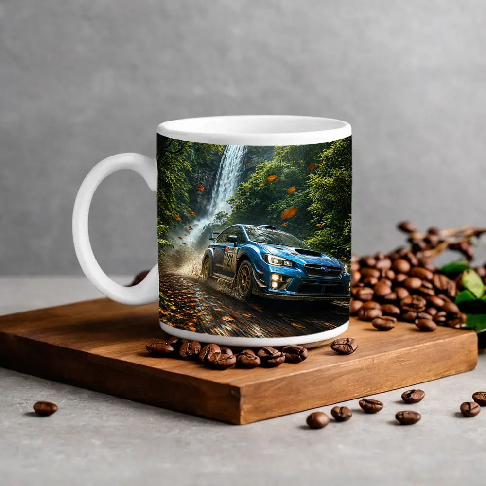 Subaru WRX Rally Racing Through Forest Waterfall – Mugs
