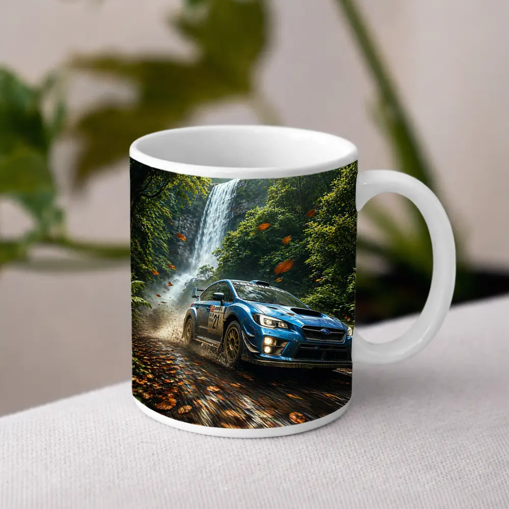 Subaru WRX Rally Racing Through Forest Waterfall – Mugs