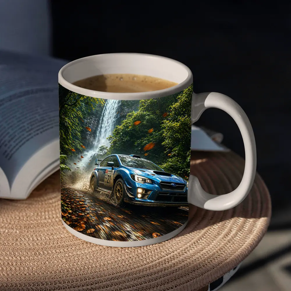 Subaru WRX Rally Racing Through Forest Waterfall – Mugs