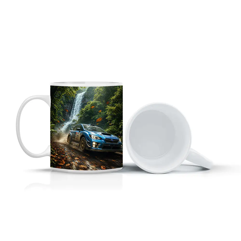 Subaru WRX Rally Racing Through Forest Waterfall – Mugs