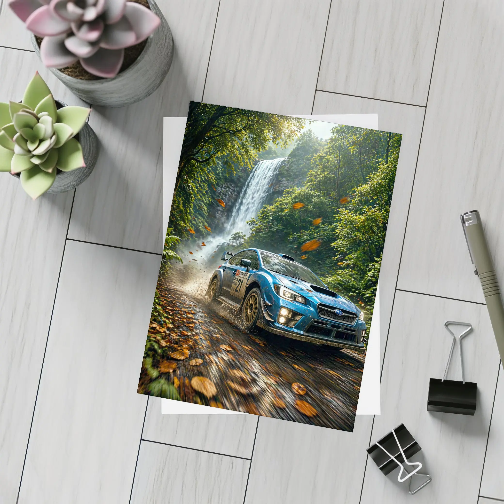 Subaru WRX Rally Racing Through Forest Waterfall – Postcards