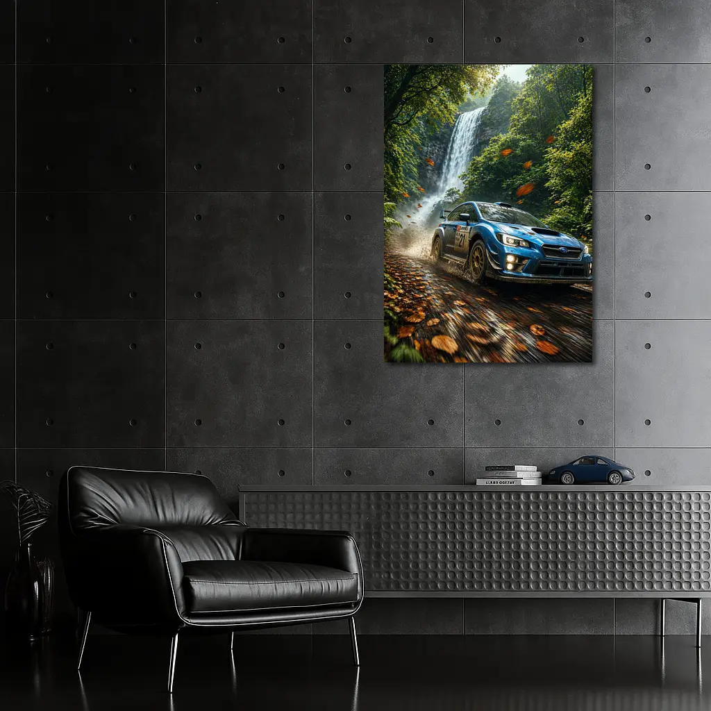 Subaru WRX Rally Racing Through Forest Waterfall – Wall Art