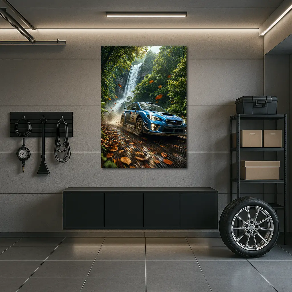 Subaru WRX Rally Racing Through Forest Waterfall – Wall Art