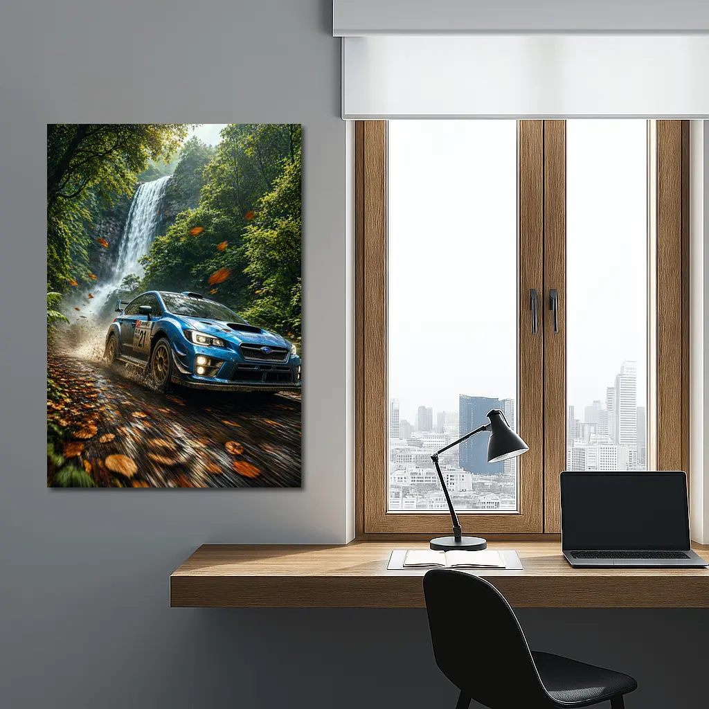 Subaru WRX Rally Racing Through Forest Waterfall – Wall Art