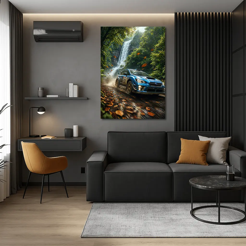 Subaru WRX Rally Racing Through Forest Waterfall – Wall Art