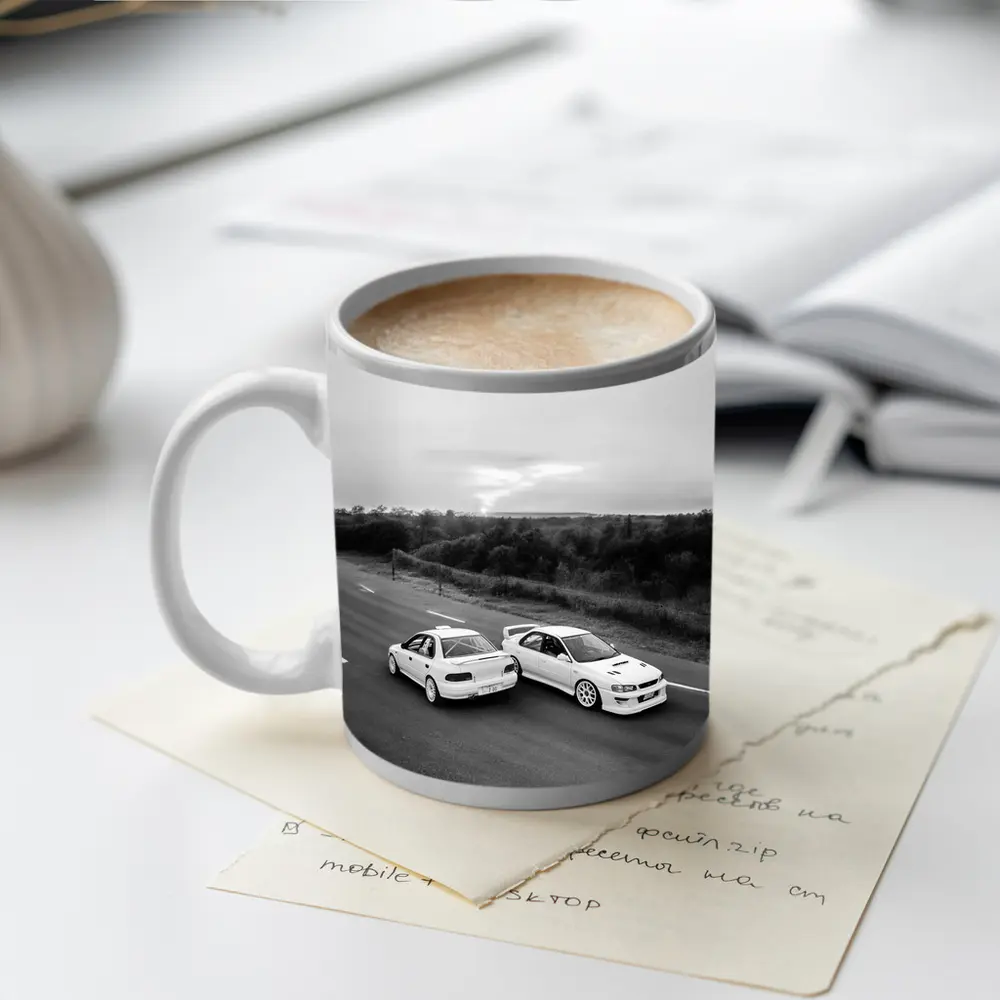 Two White Subaru Impreza WRX On Road – Mugs