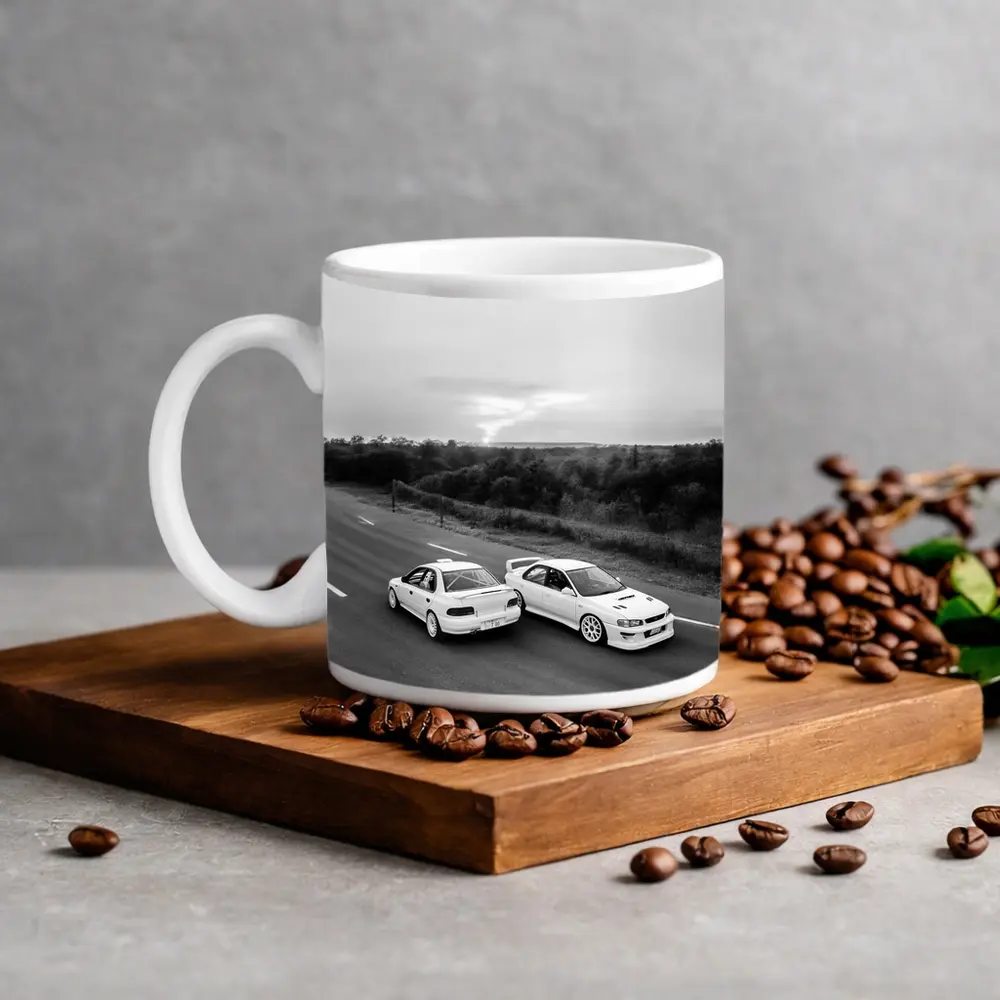Two White Subaru Impreza WRX On Road – Mugs