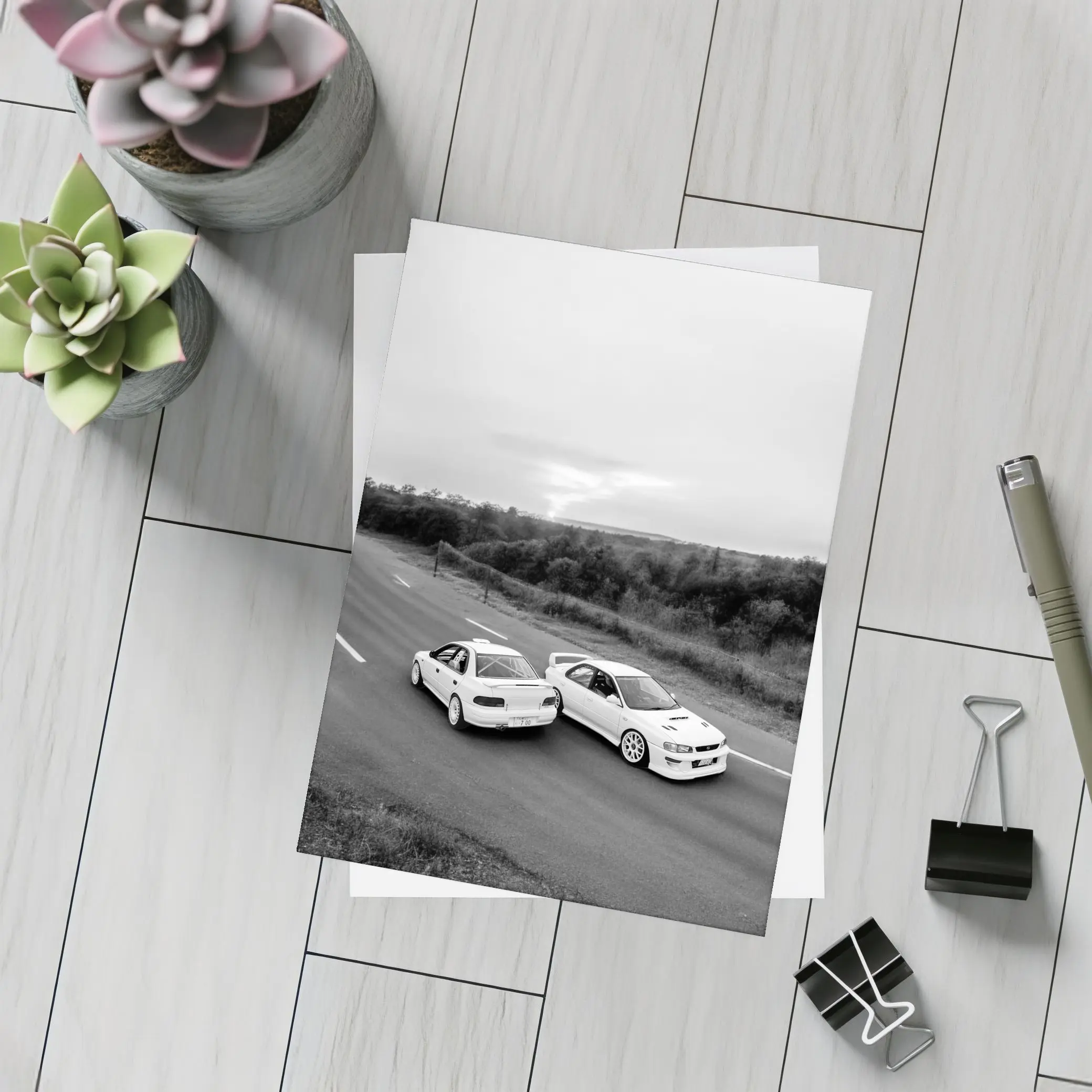 Two White Subaru Impreza WRX On Road – Postcards