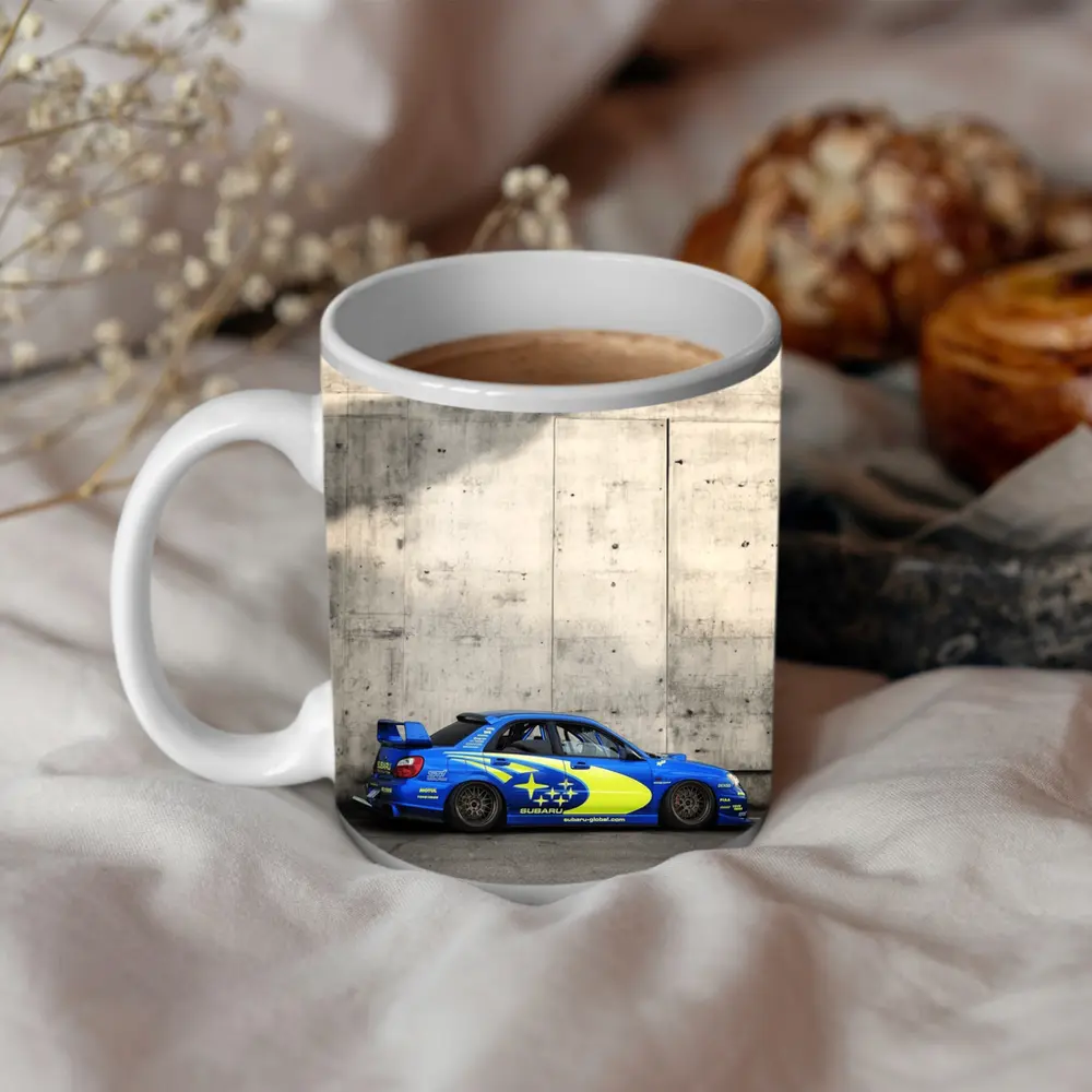Subaru Impreza WRX Blue Rally Car Concrete Wall – Mugs