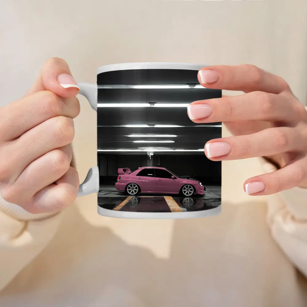 Pink Subaru WRX Parked Underground Garage – Mugs