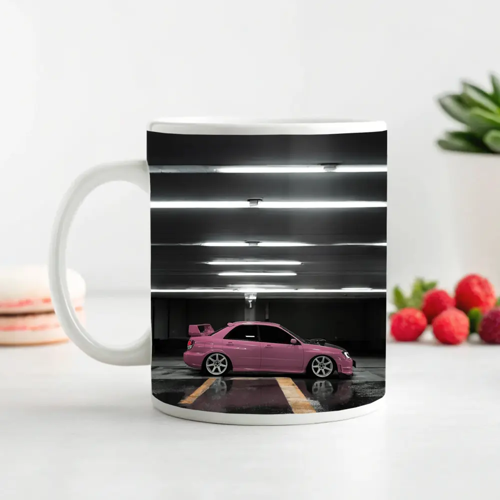 Pink Subaru WRX Parked Underground Garage – Mugs