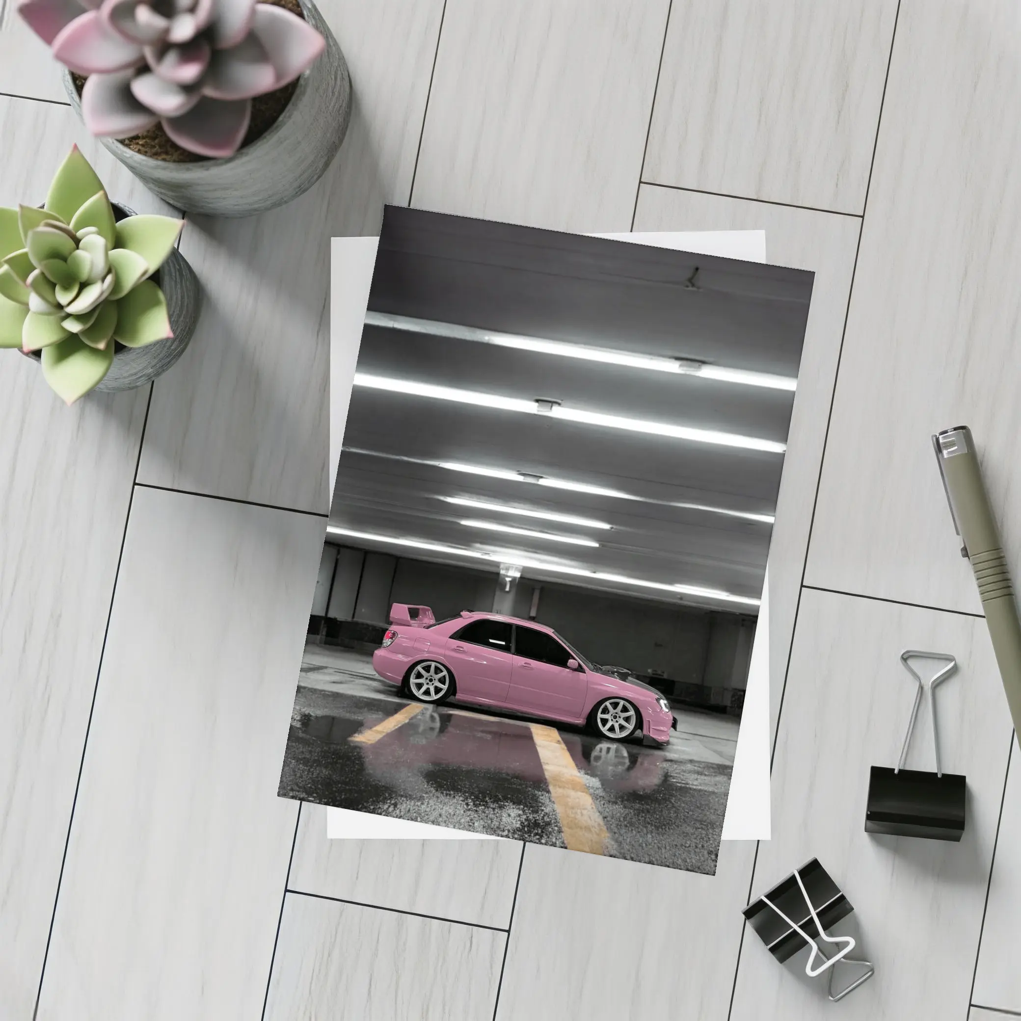 Pink Subaru WRX Parked Underground Garage – Postcards