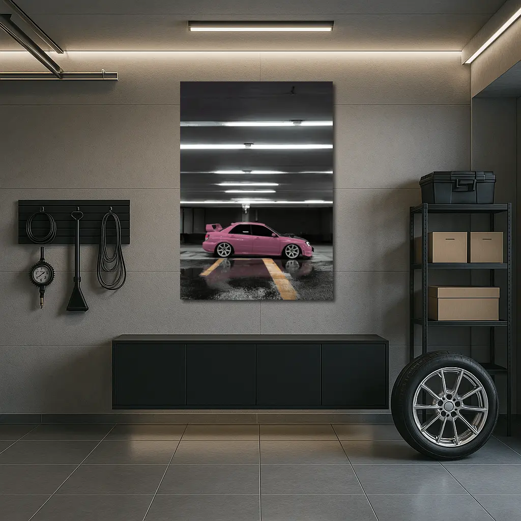 Pink Subaru WRX Parked Underground Garage – Wall Art