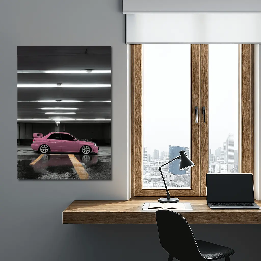 Pink Subaru WRX Parked Underground Garage – Wall Art