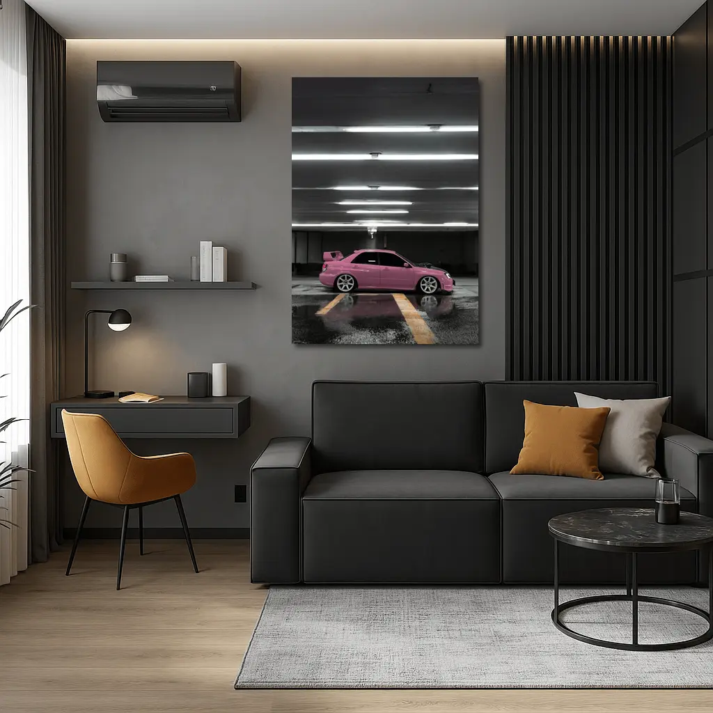 Pink Subaru WRX Parked Underground Garage – Wall Art