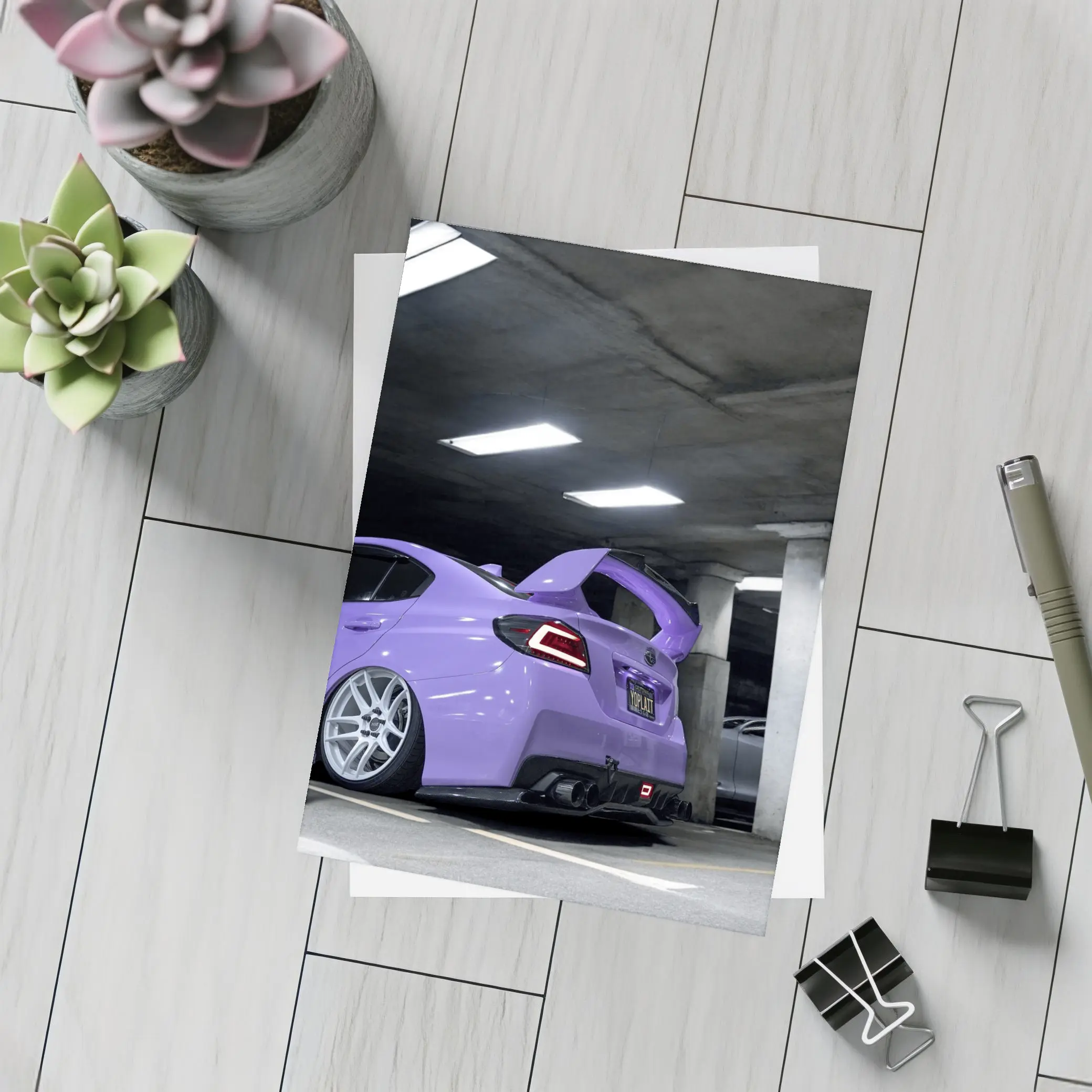 Purple Subaru WRX Parked Underground Garage – Postcards