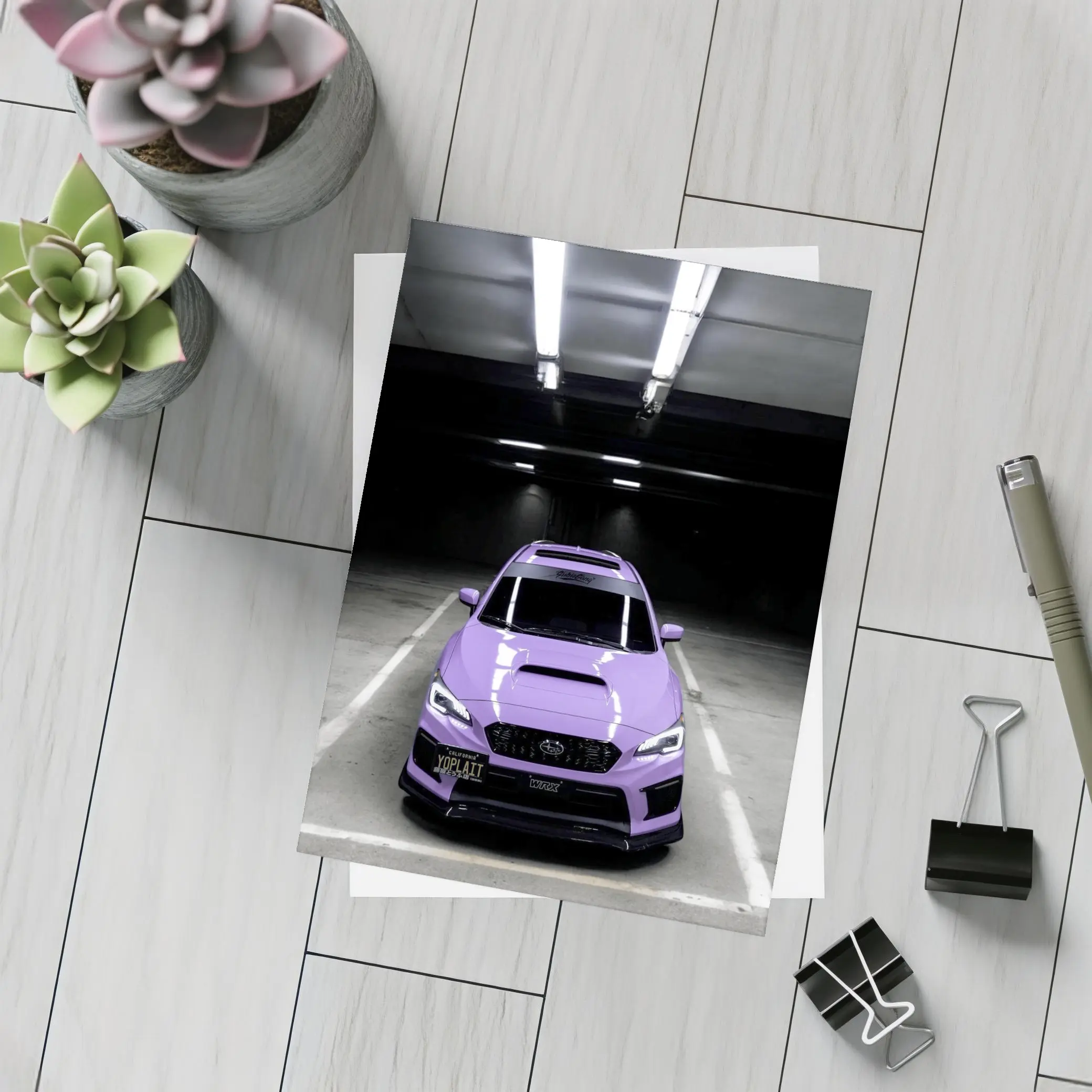 Purple Subaru WRX Parked Underground Garage – Postcards