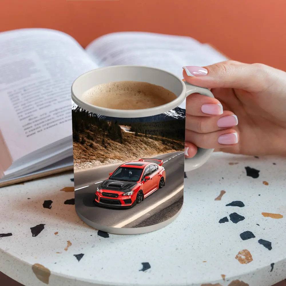 Red Subaru WRX STI Snowy Mountain Road – Mugs
