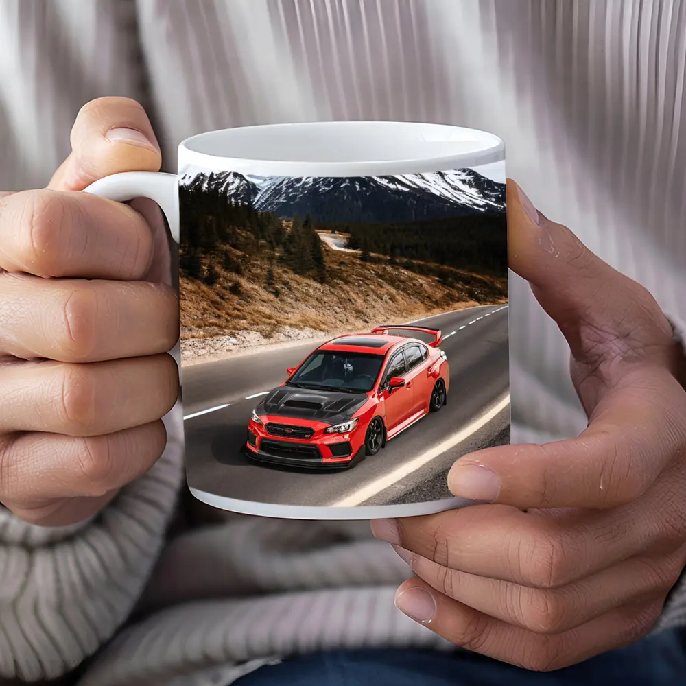 Red Subaru WRX STI Snowy Mountain Road – Mugs