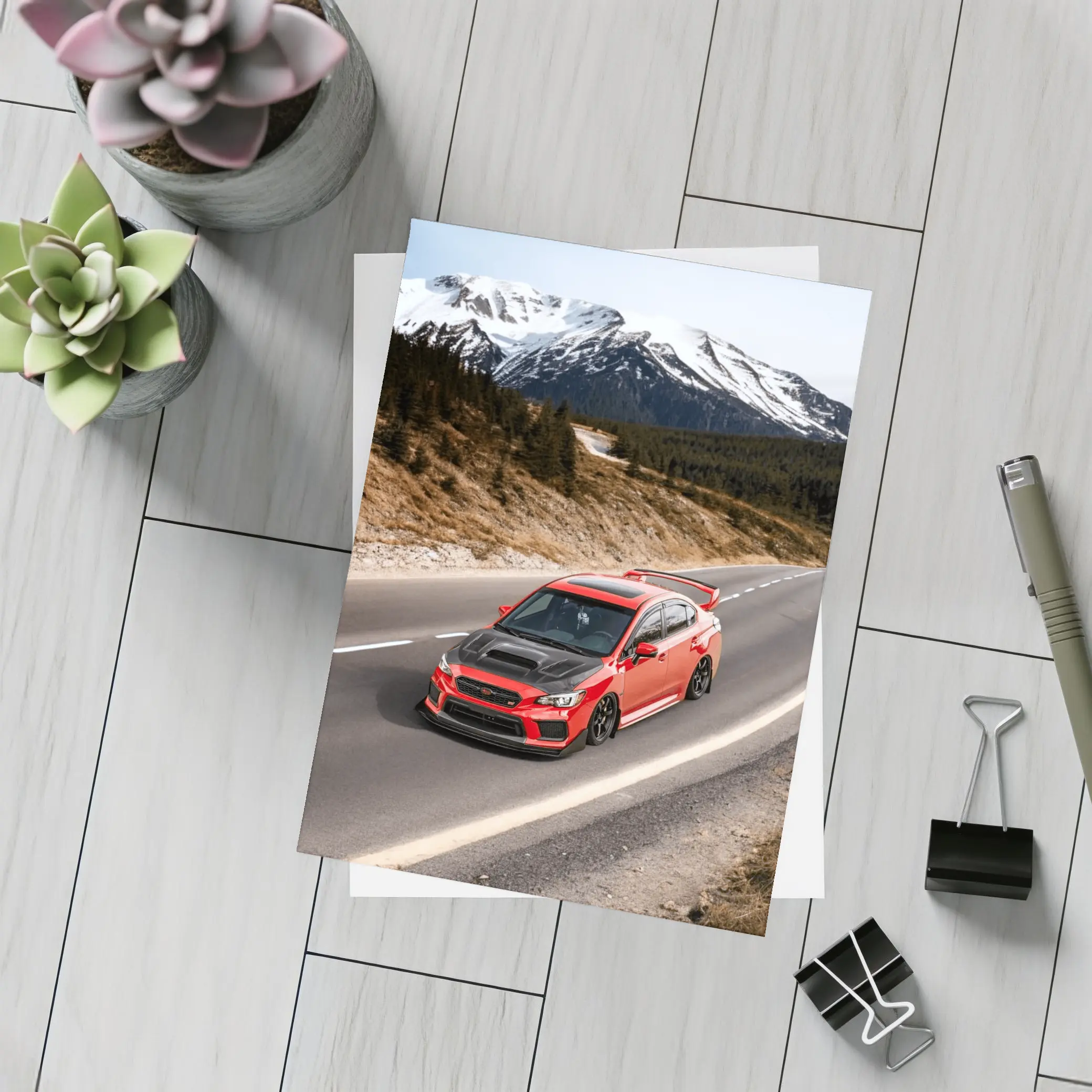 Red Subaru WRX STI Snowy Mountain Road – Postcards