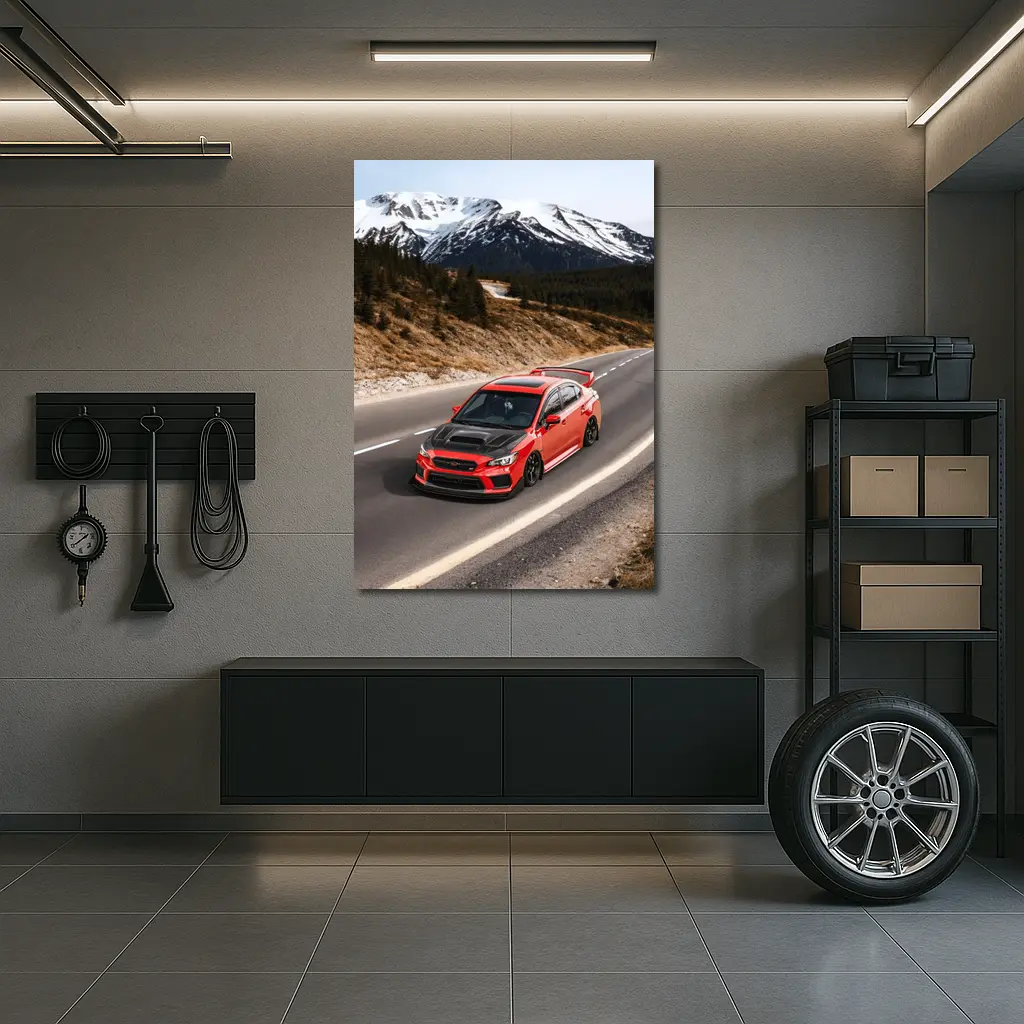 Red Subaru WRX STI Snowy Mountain Road – Wall Art