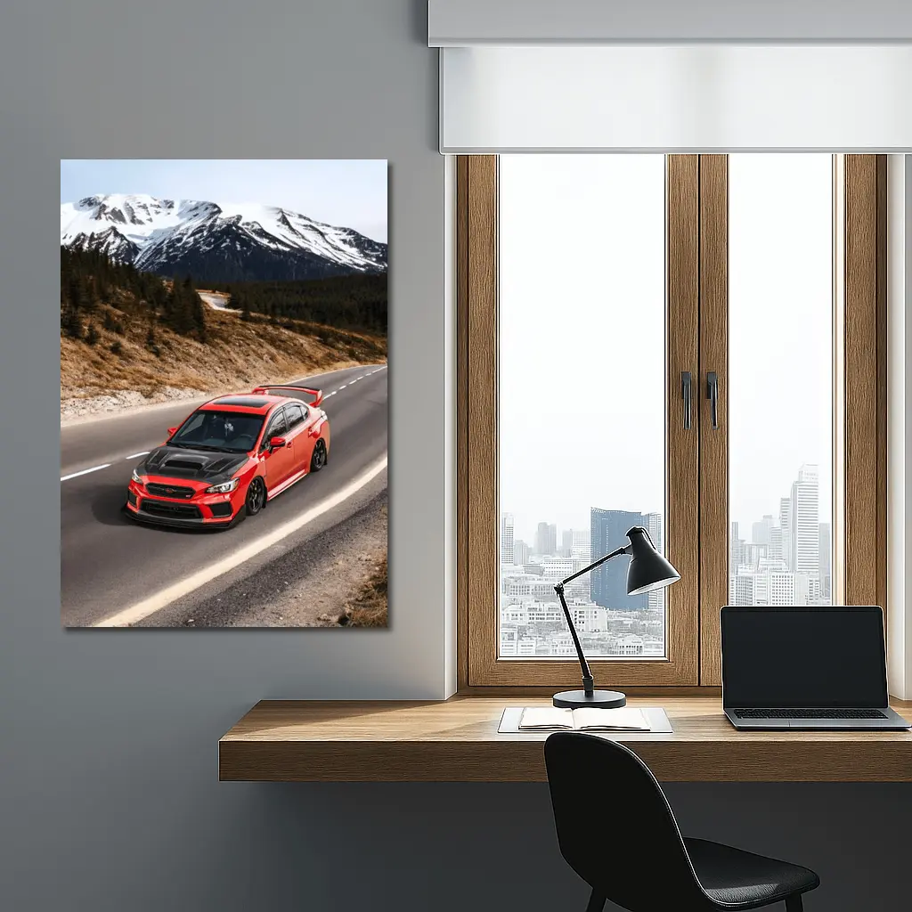 Red Subaru WRX STI Snowy Mountain Road – Wall Art