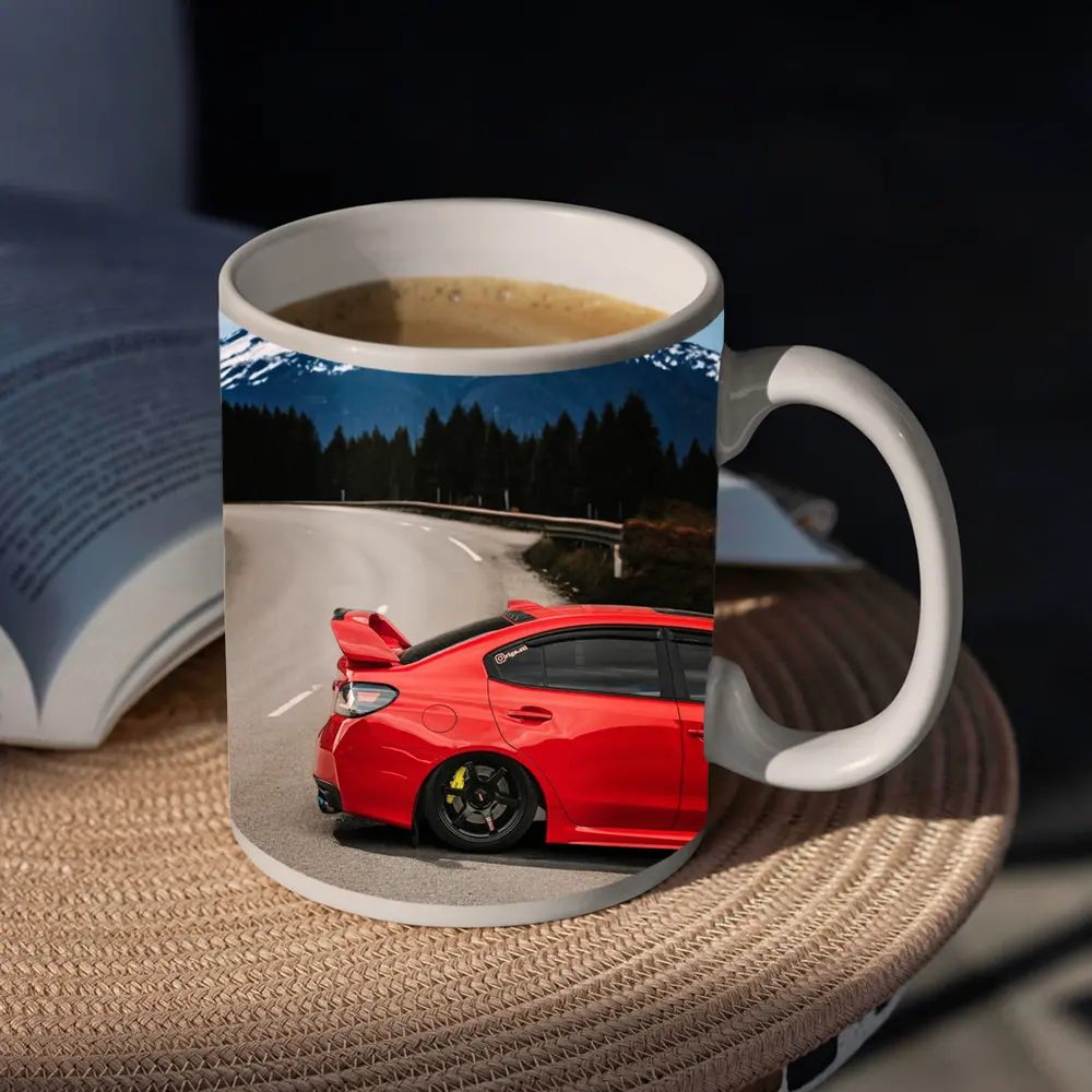Red Subaru WRX STI Snowy Mountain Road – Mugs